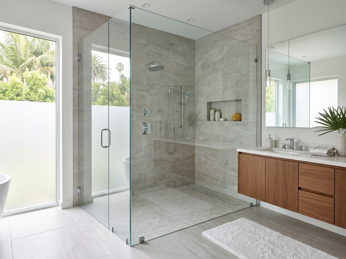 Walk-in shower with frameless glass and large-format tile