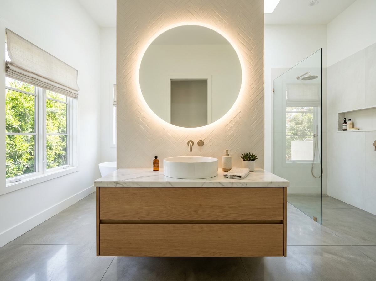Floating bathroom vanity with vessel sink and backlit mirror
