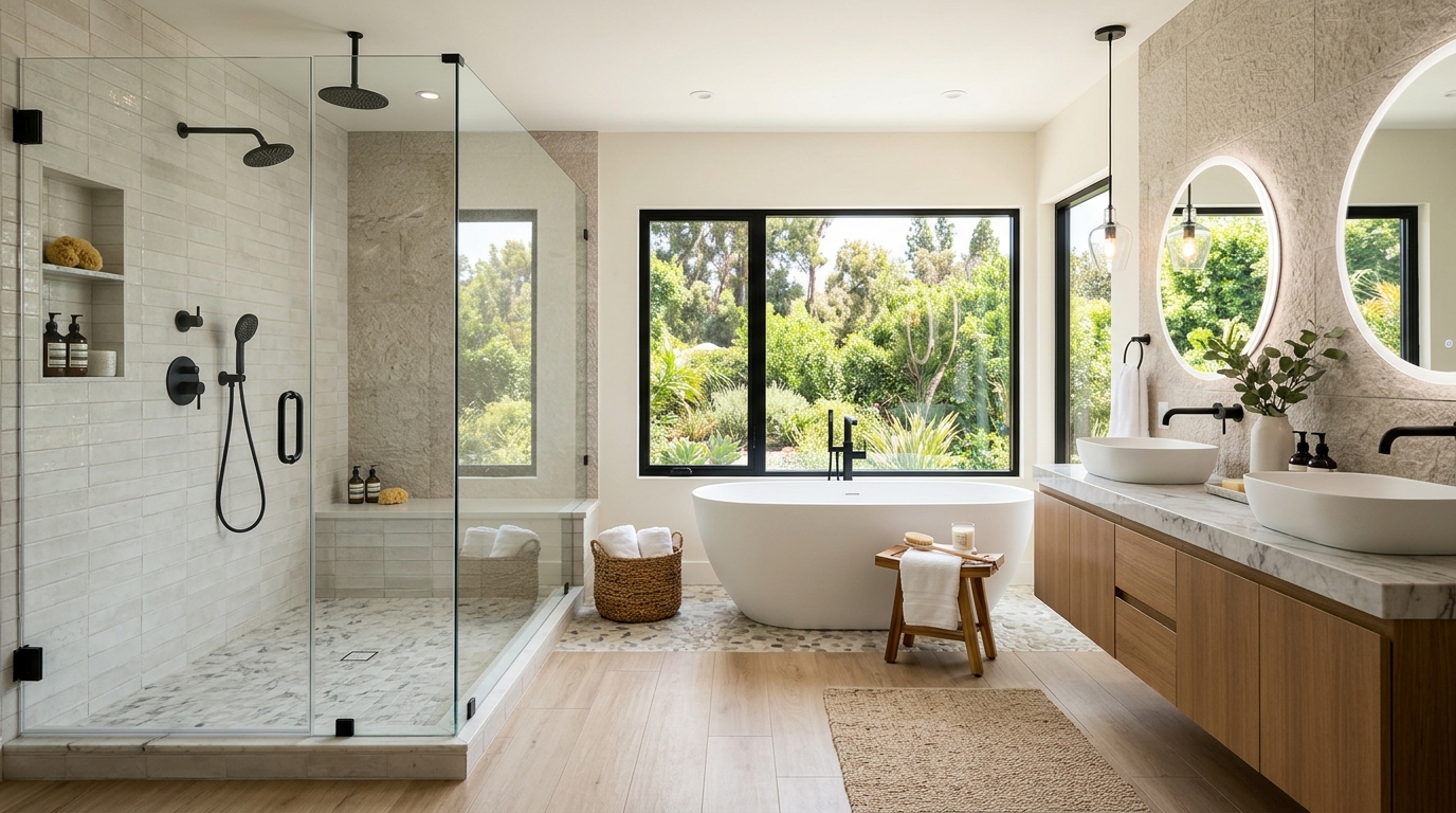 Modern bathroom remodel with walk-in shower in Orange County
