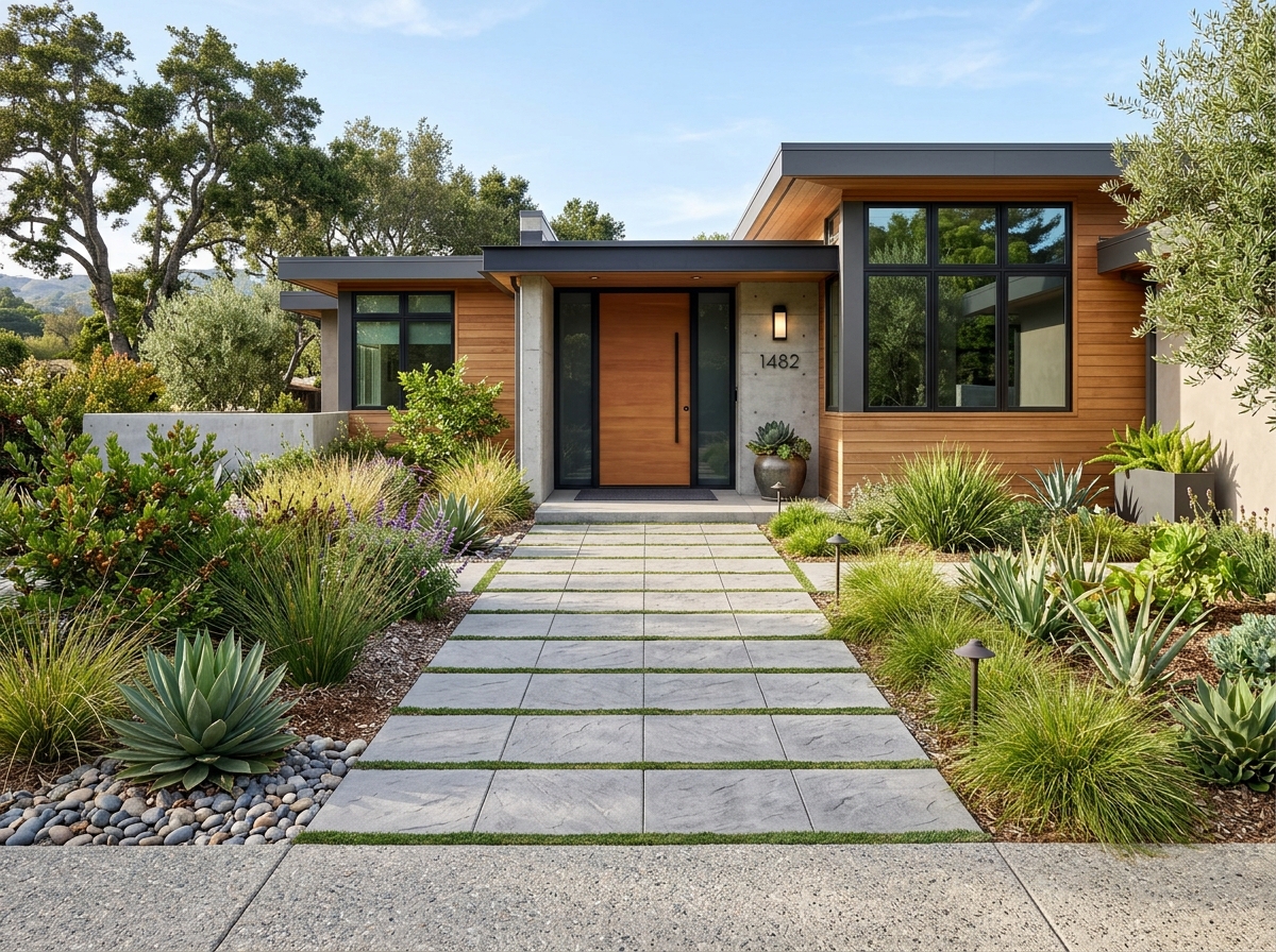 Concrete paver walkway leading to a modern California home entry