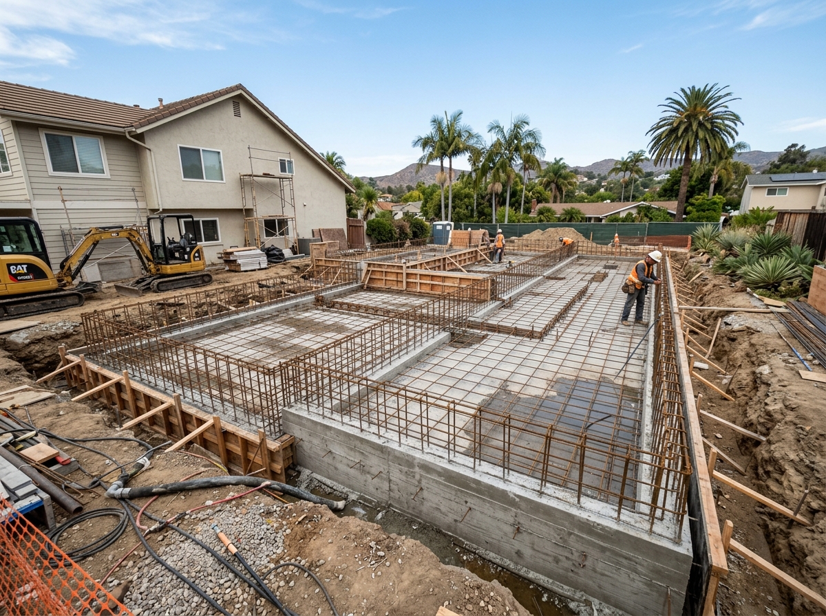 Poured concrete foundation and footings with rebar for a home addition