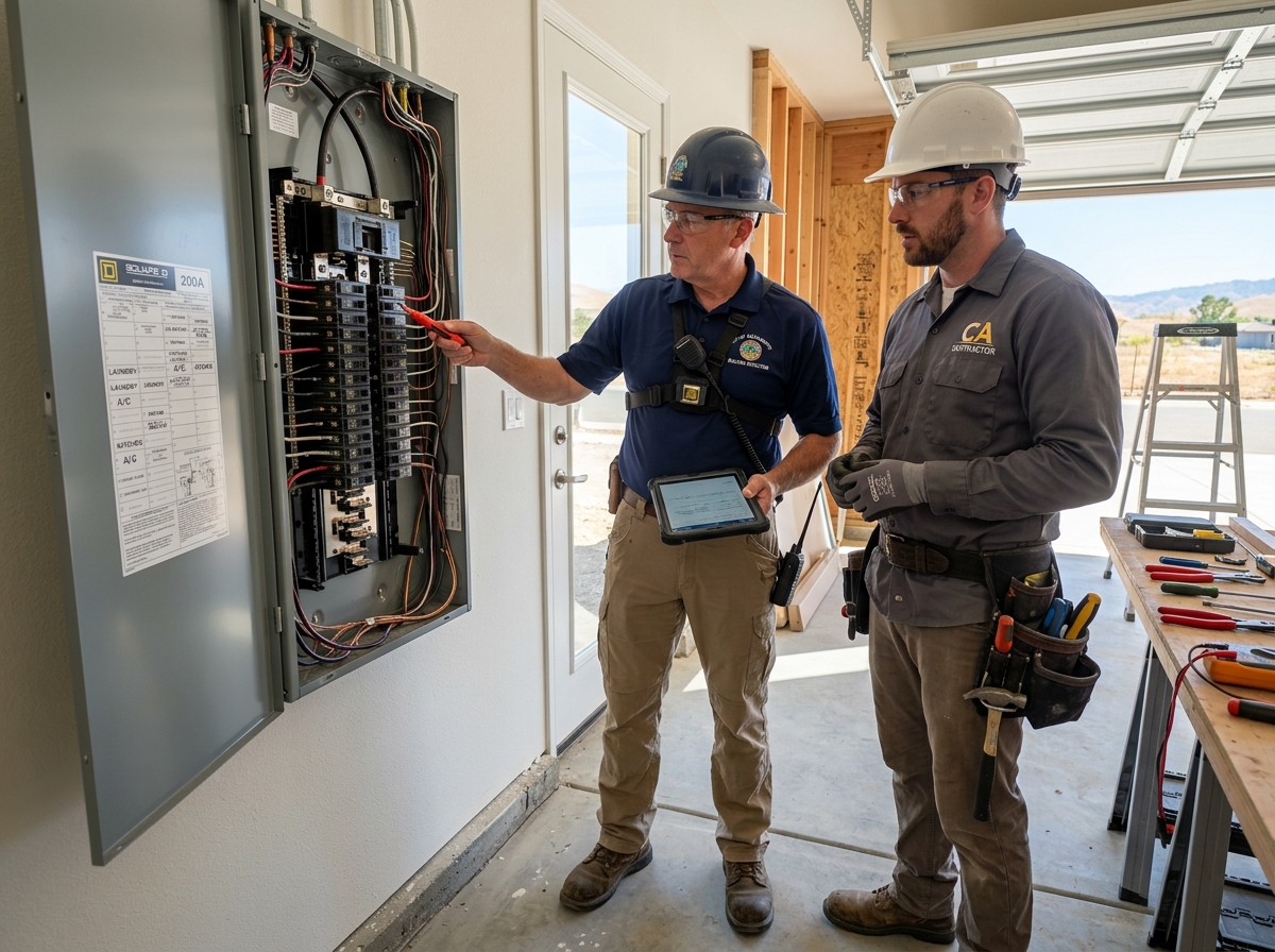 Contractor and inspector reviewing an electrical panel during inspection
