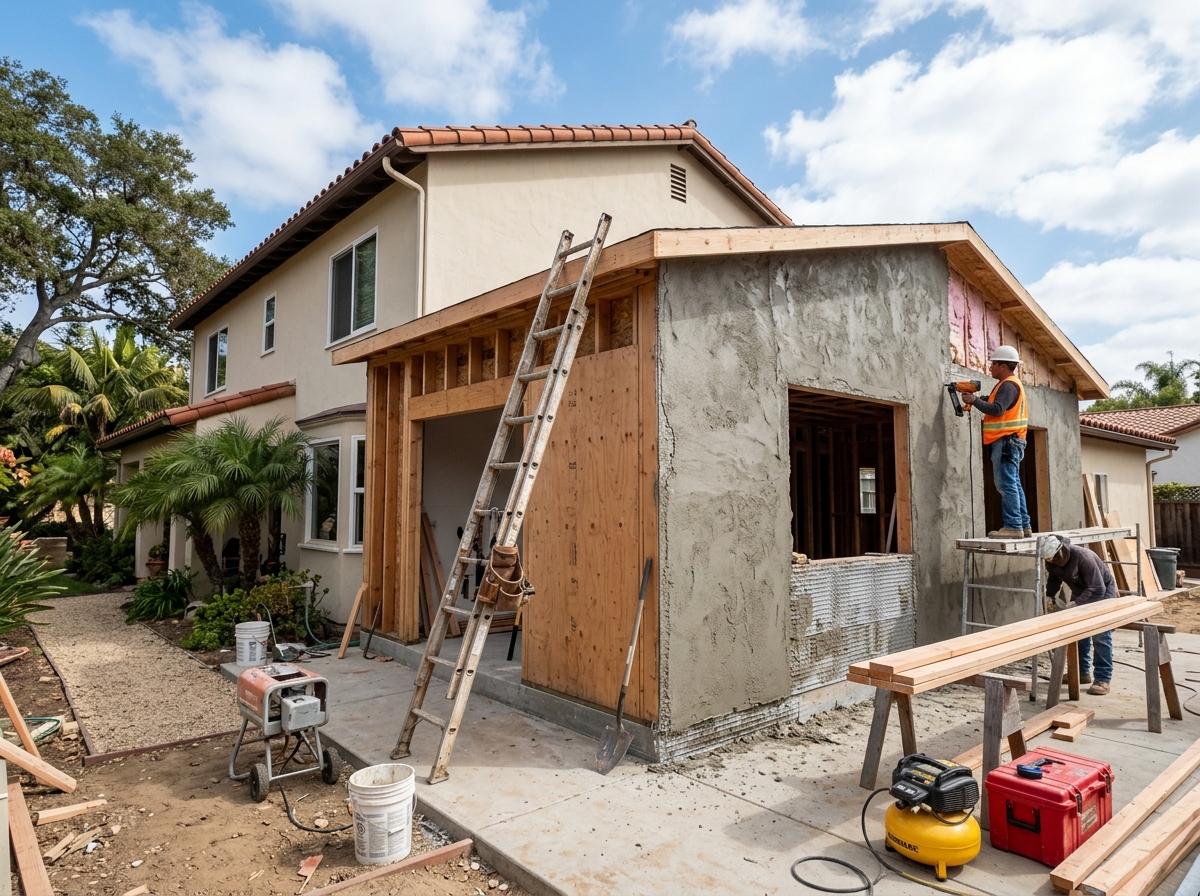Room addition in progress with partially finished stucco exterior