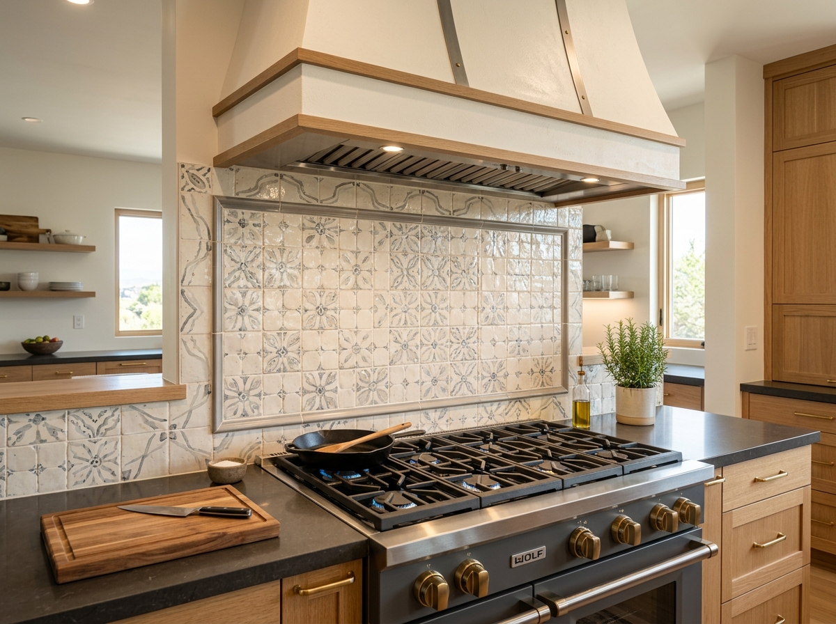 Kitchen tile backsplash and custom range hood in a modern remodel