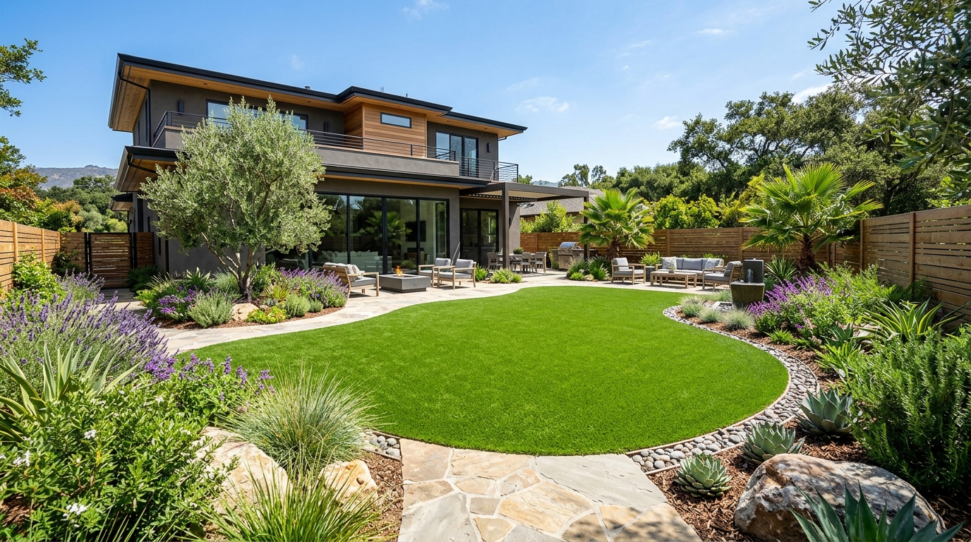 Landscaped backyard with artificial turf and planting beds in Orange County