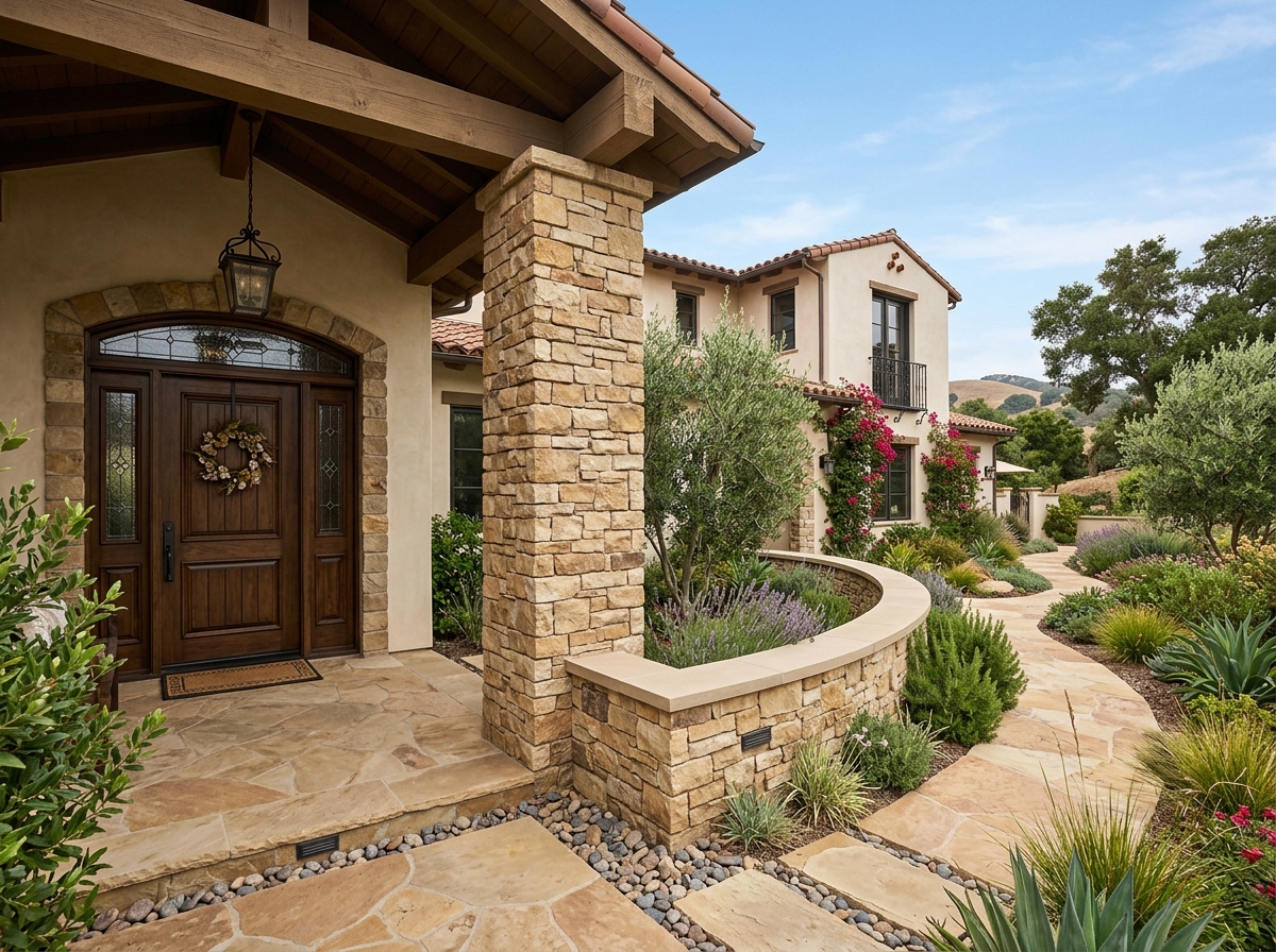 Natural stone veneer entry column and garden wall at a California home