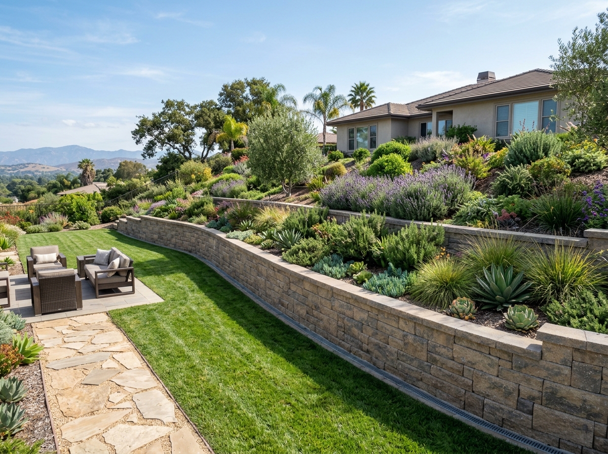 Engineered stone retaining wall holding back a landscaped slope