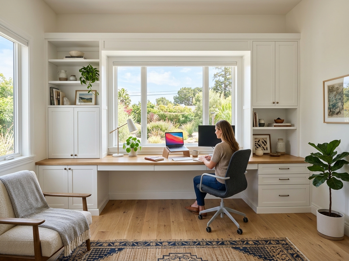 Home office conversion with built-in desk and storage