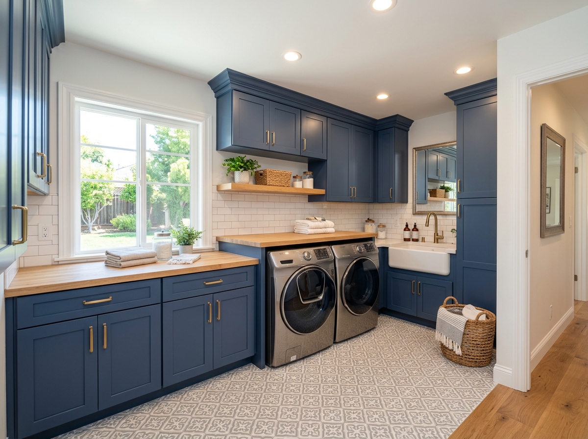 Remodeled laundry room with new cabinetry and folding counter