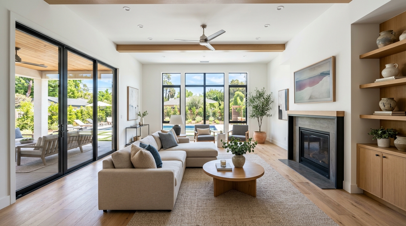 Remodeled living space with new finishes in an Orange County home
