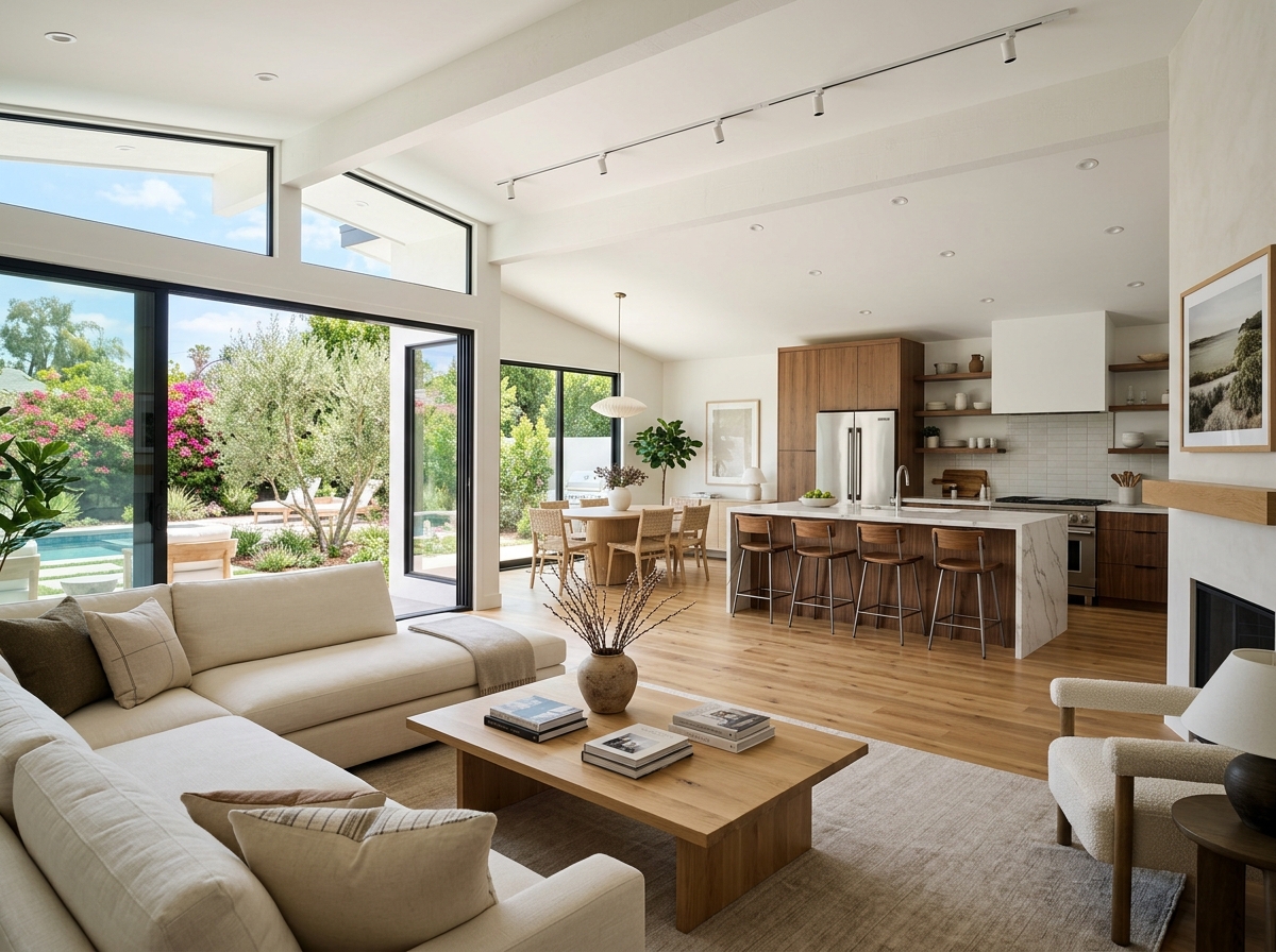 Open-concept living room and kitchen after a whole home remodel