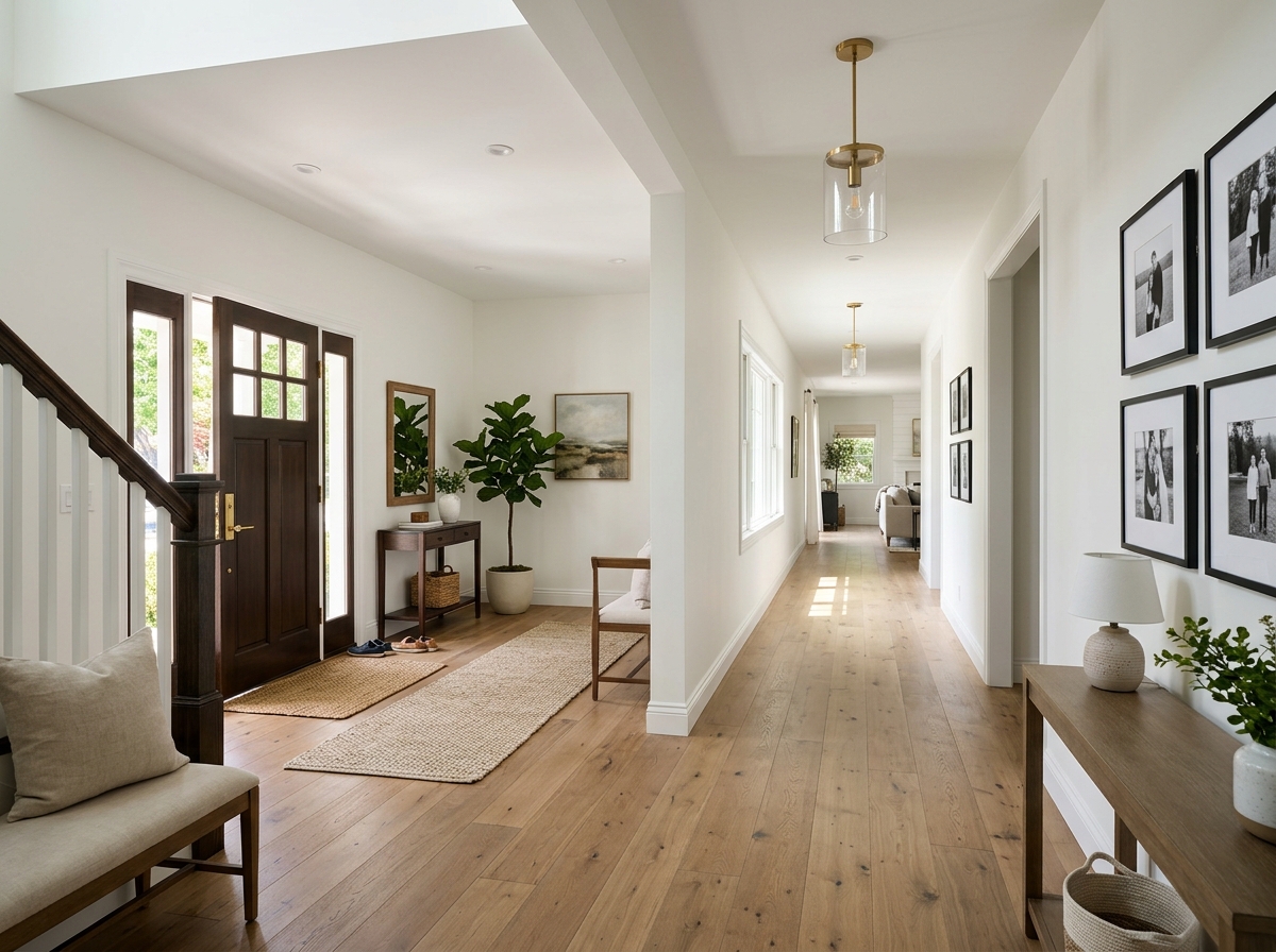Renovated entryway with new wide-plank flooring and updated lighting