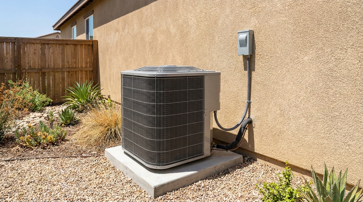 New outdoor air conditioning condenser unit on a concrete pad beside a stucco Southern California home