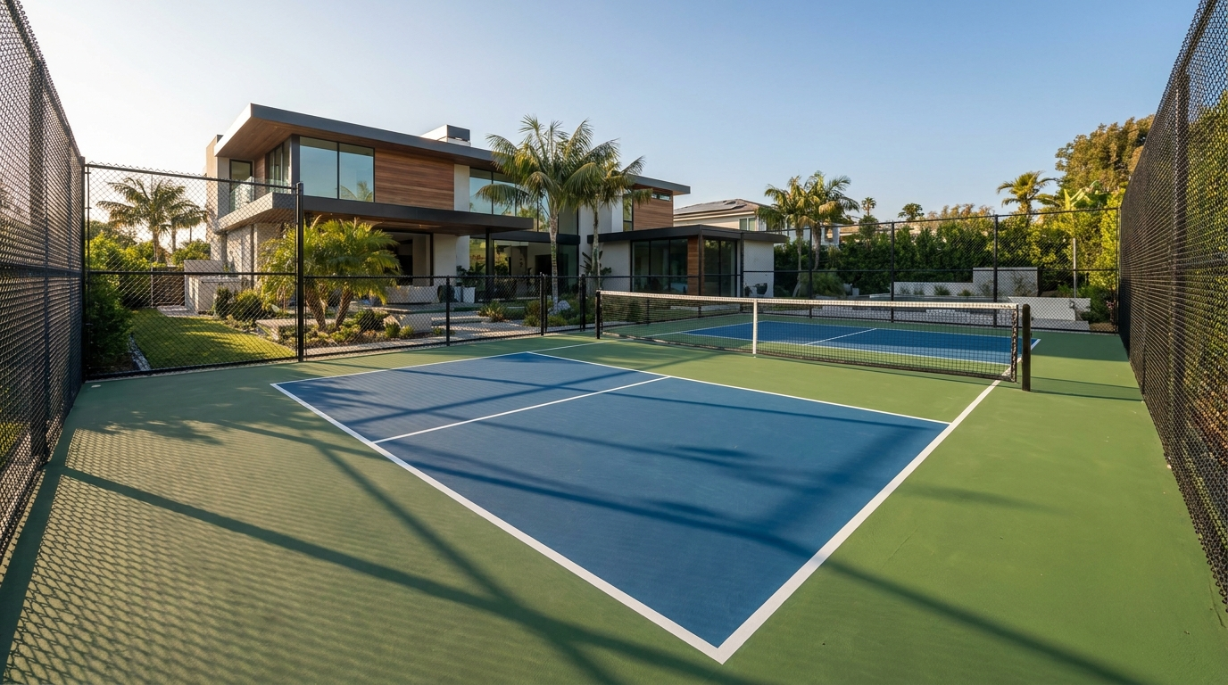 Backyard pickleball court with blue and green surface at a modern Southern California home