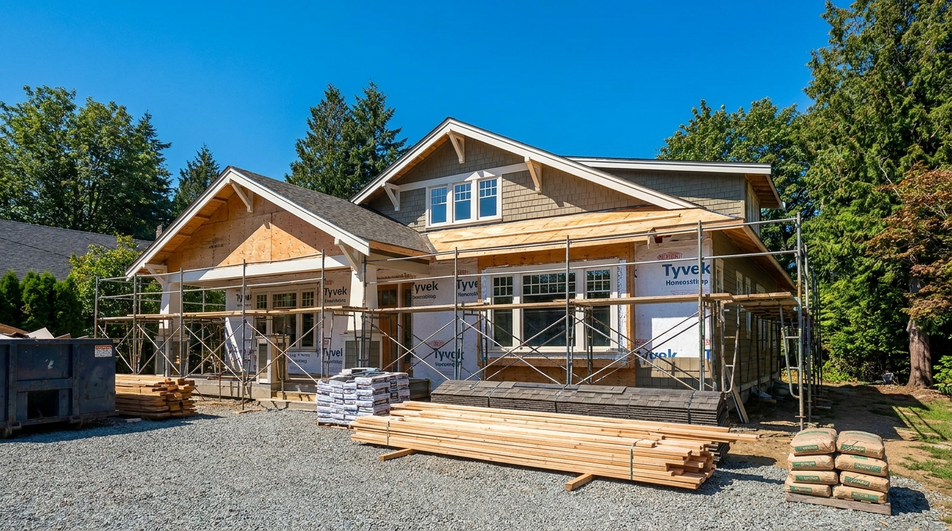 Single-family home exterior mid-renovation with scaffolding in the driveway