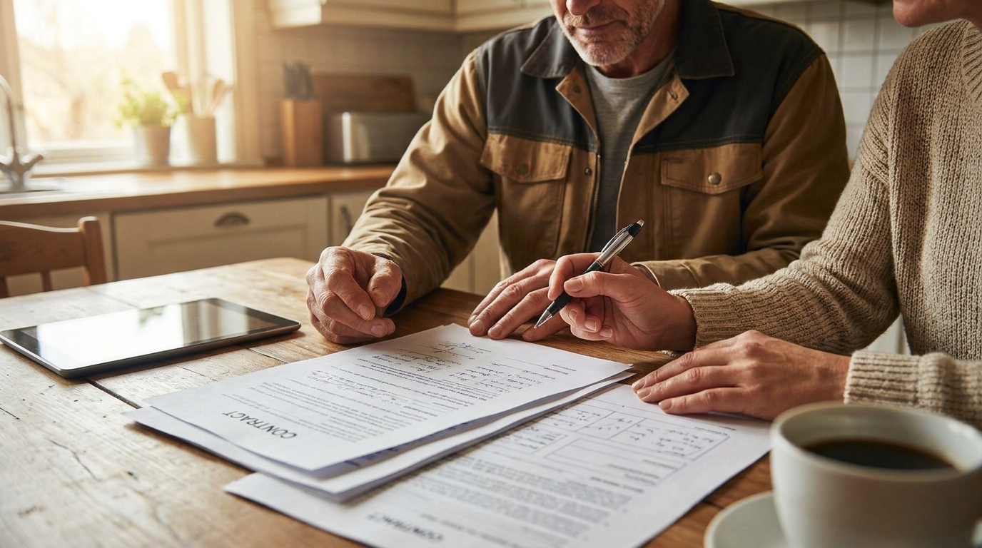 Homeowner and contractor reviewing a signed home improvement contract at a kitchen table