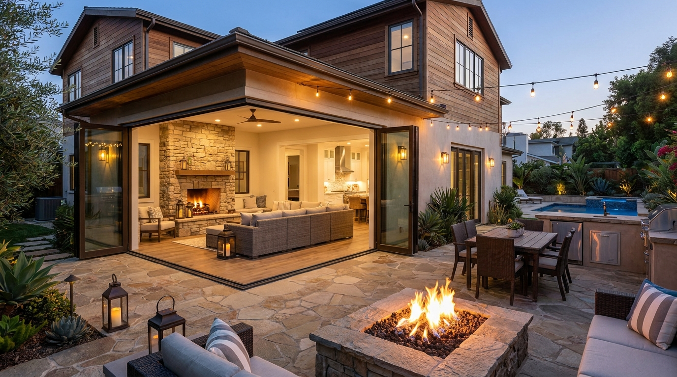 California room addition with retractable glass doors opening to a backyard patio