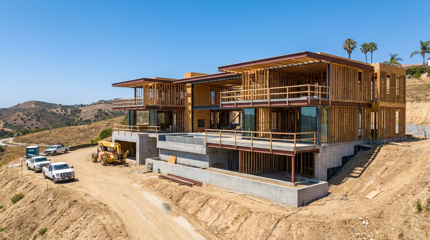 Custom home under construction in Orange County with wood framing and site work visible