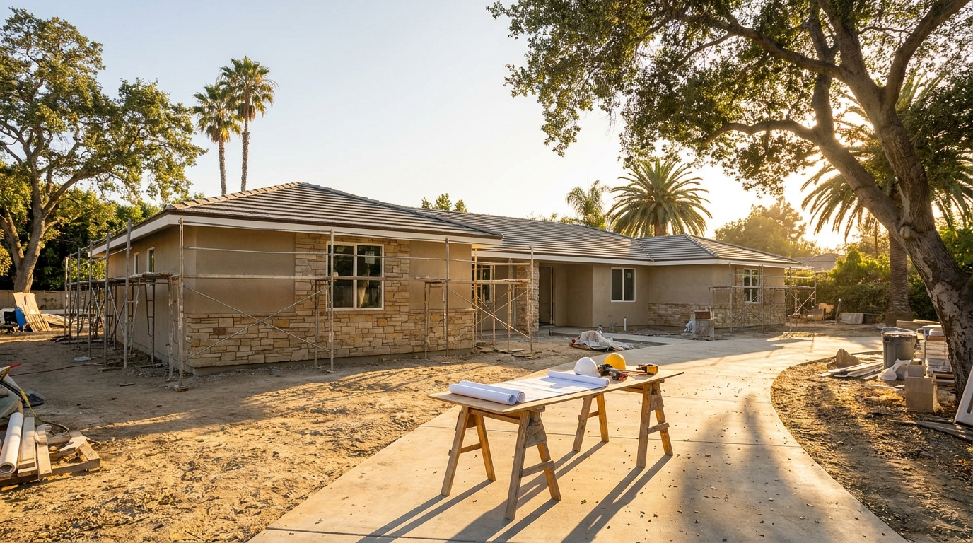 California home exterior mid-remodel with scaffolding and blueprints in the driveway