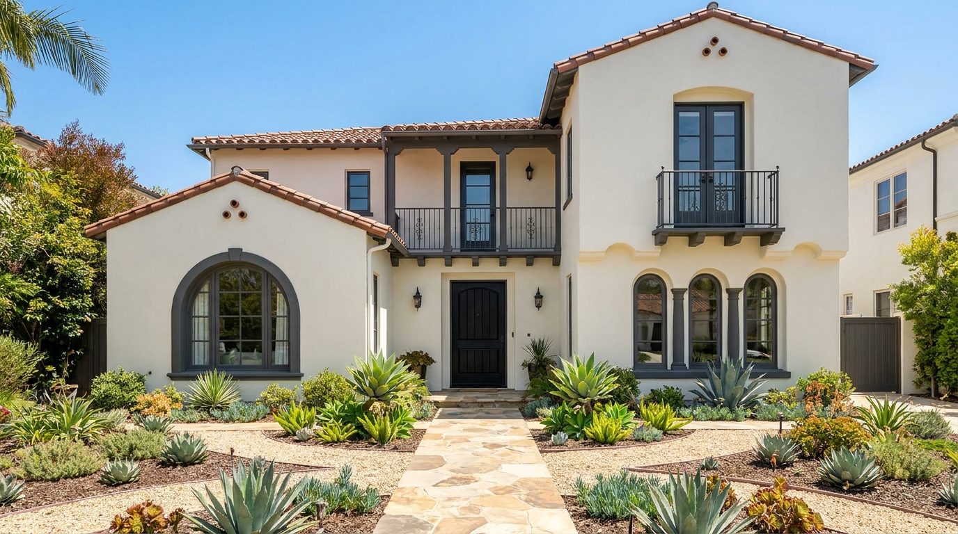 Freshly repainted Southern California Mediterranean style home with warm white walls and dark trim