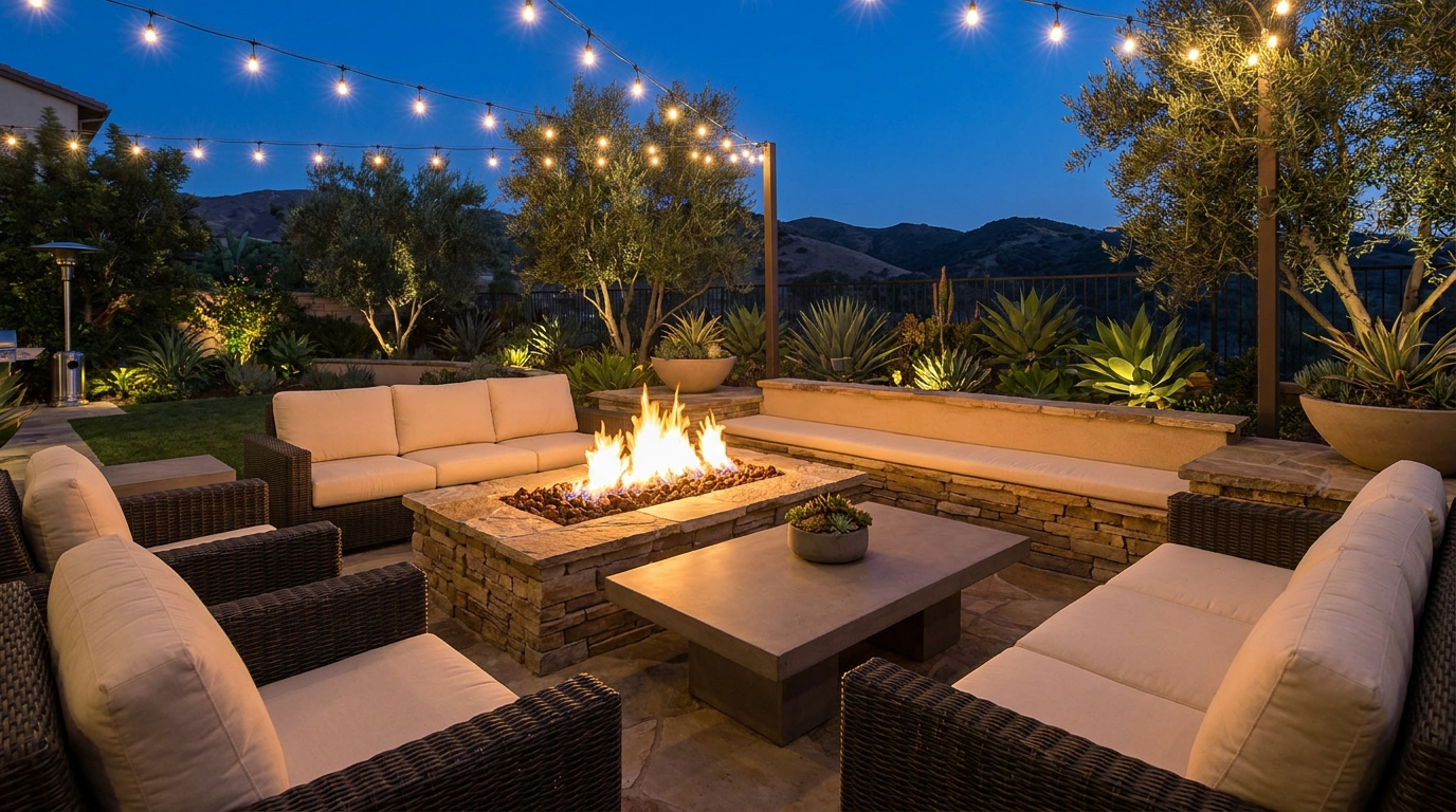 Built-in fire pit with stone surround and lounge seating in an Orange County backyard