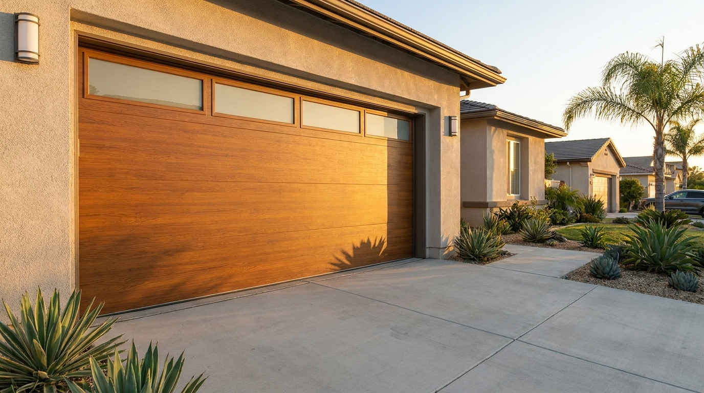 Modern insulated sectional garage door with wood look panels on a Southern California home at golden hour
