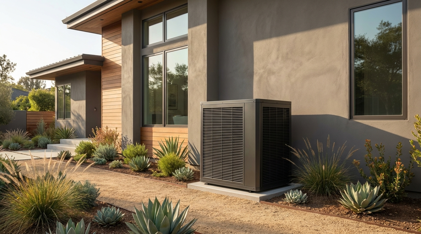 Modern residential heat pump outdoor unit beside a contemporary California home with drought tolerant landscaping