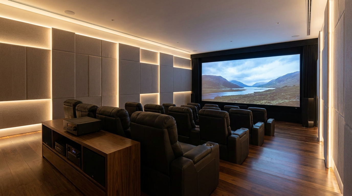 Dedicated home theater room with tiered seating and large projection screen in Orange County