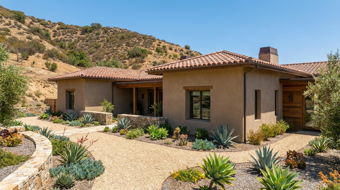 Modern California home exterior with fire-resistant landscaping and defensible space