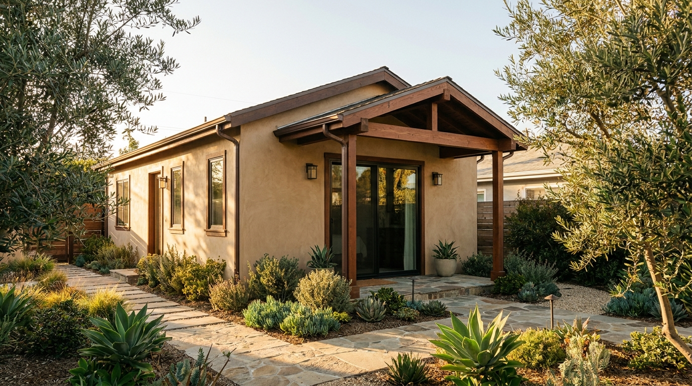 Modern backyard ADU cottage with warm stucco exterior and dark trim
