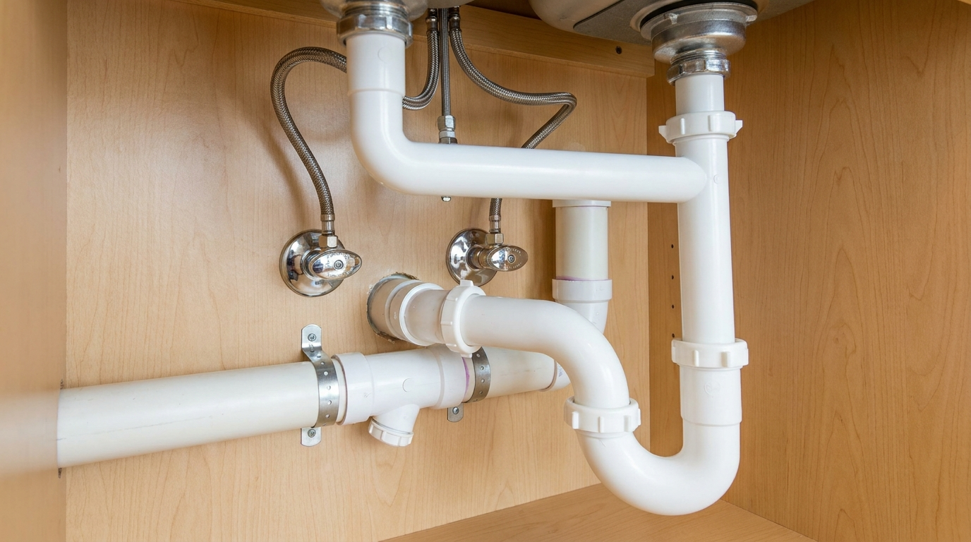 Clean new plumbing rough in under a residential kitchen sink with chrome angle stops and braided supply lines