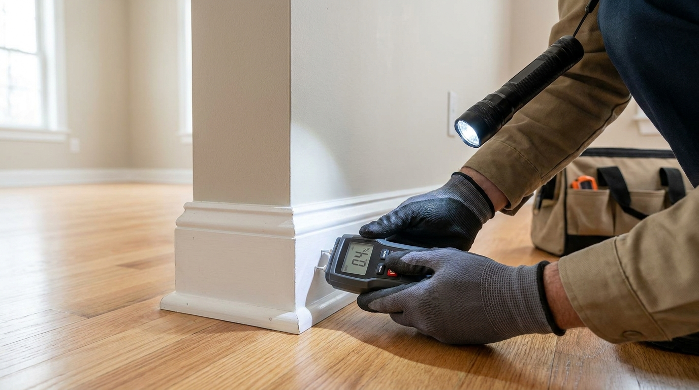 Home inspector using a moisture meter and flashlight to examine a baseboard corner