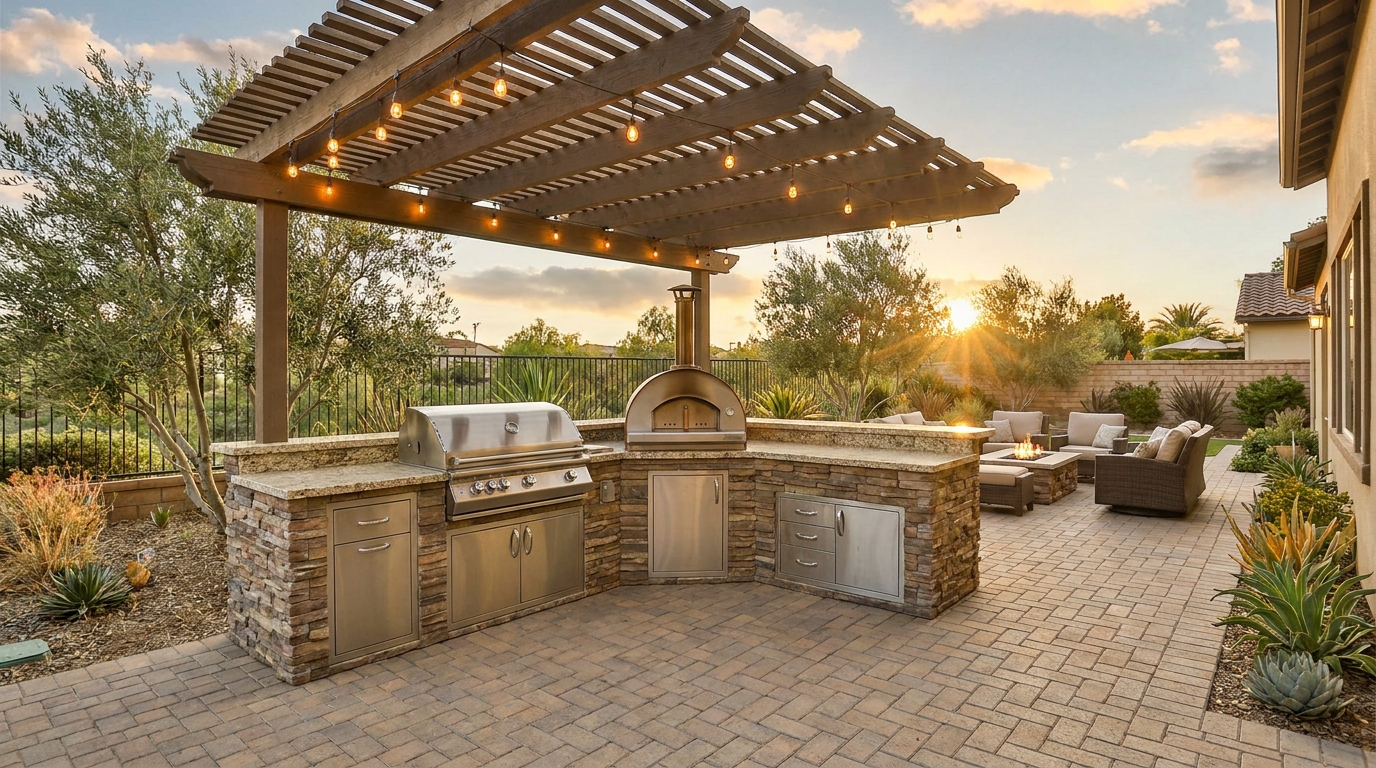 Luxury outdoor kitchen with built-in grill and stone counters in a Southern California backyard