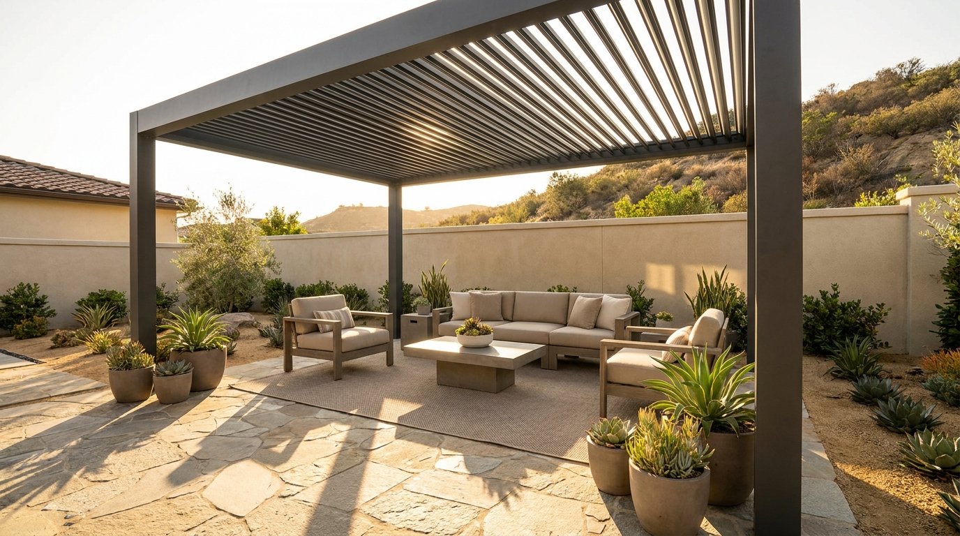 Aluminum louvered pergola over a patio in an Orange County backyard