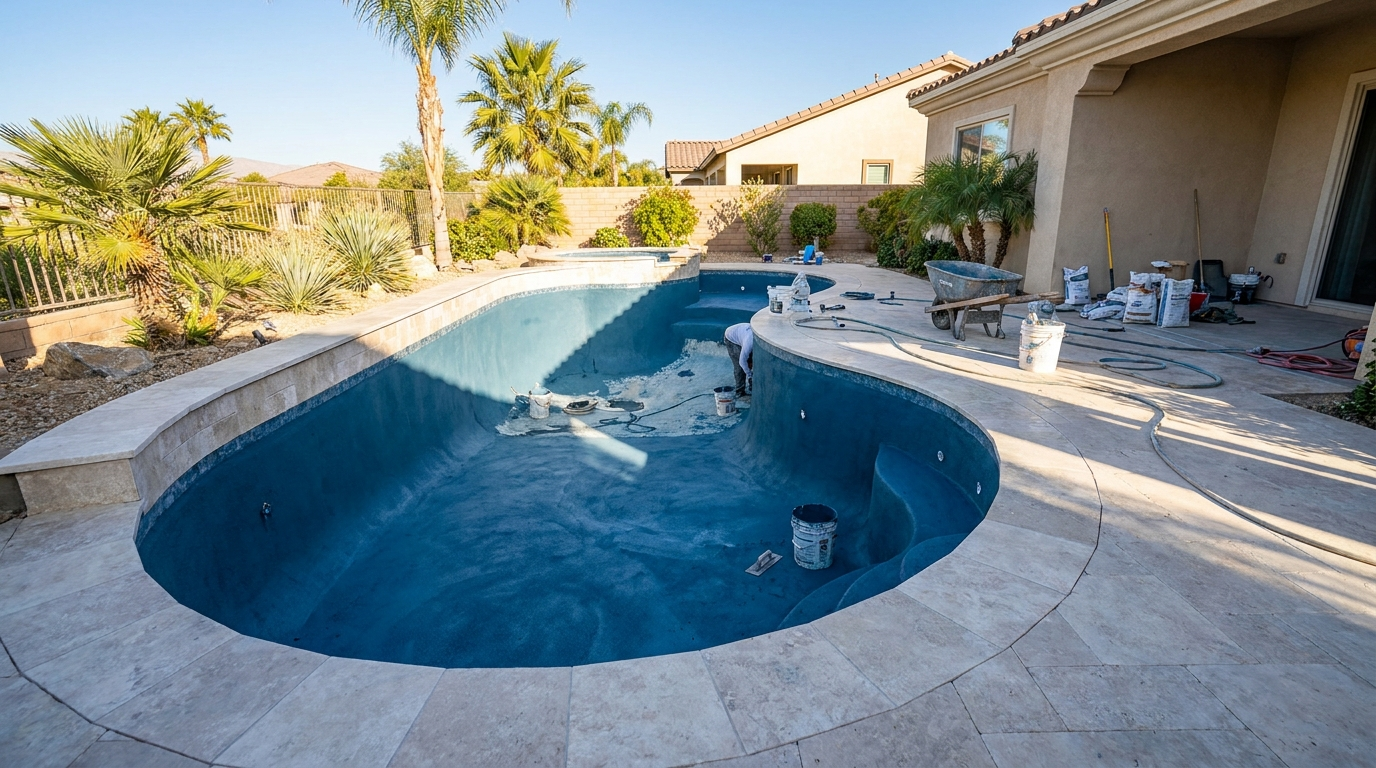 Backyard swimming pool mid-renovation with fresh plaster and new tile coping