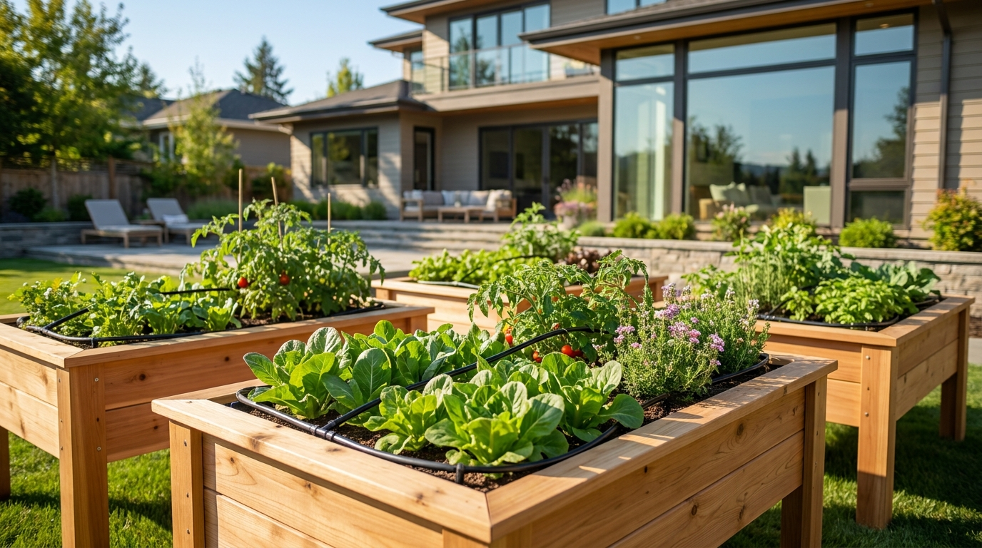 Raised cedar garden beds with vegetables in an Orange County backyard