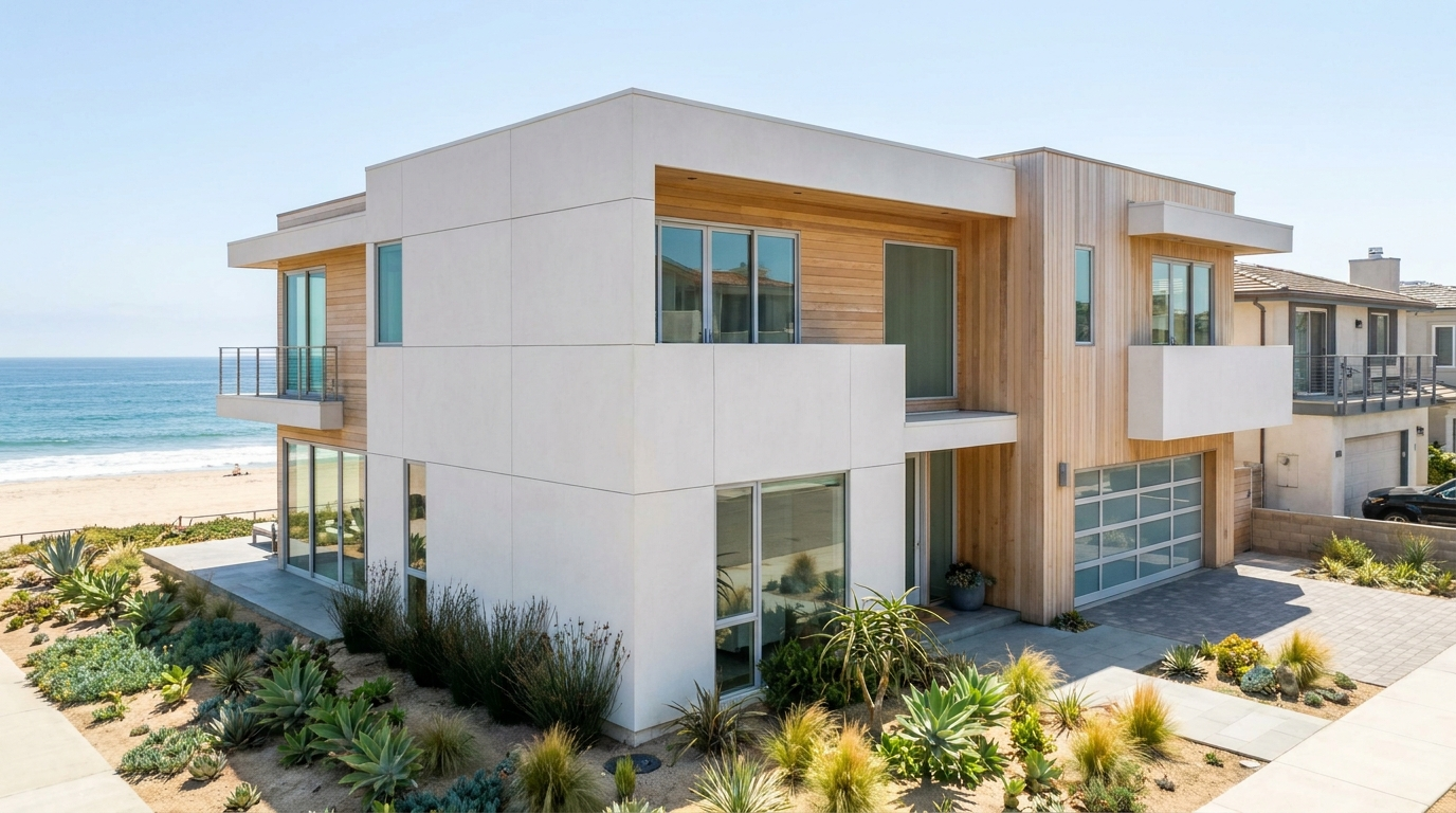 Modern coastal Southern California home exterior near the beach
