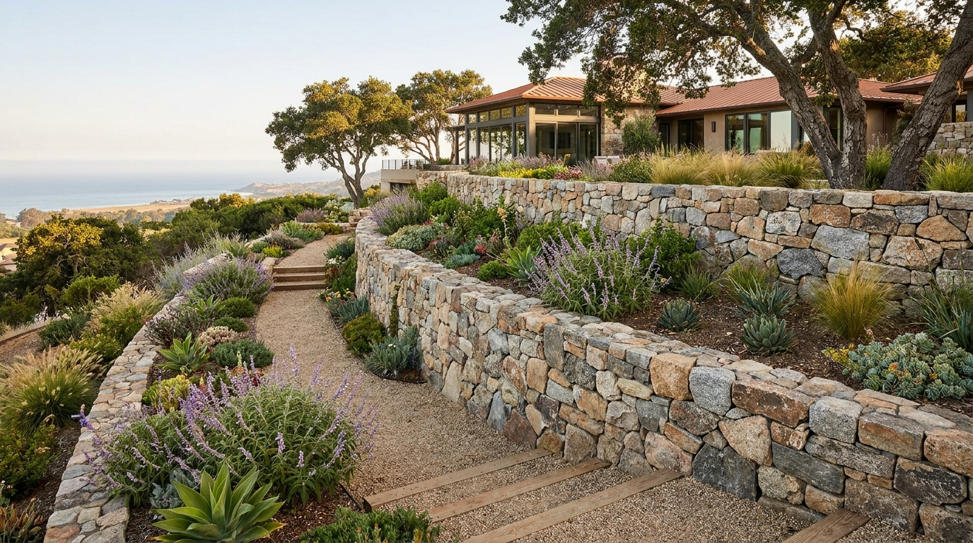 Stacked stone retaining wall in an Orange County backyard hillside