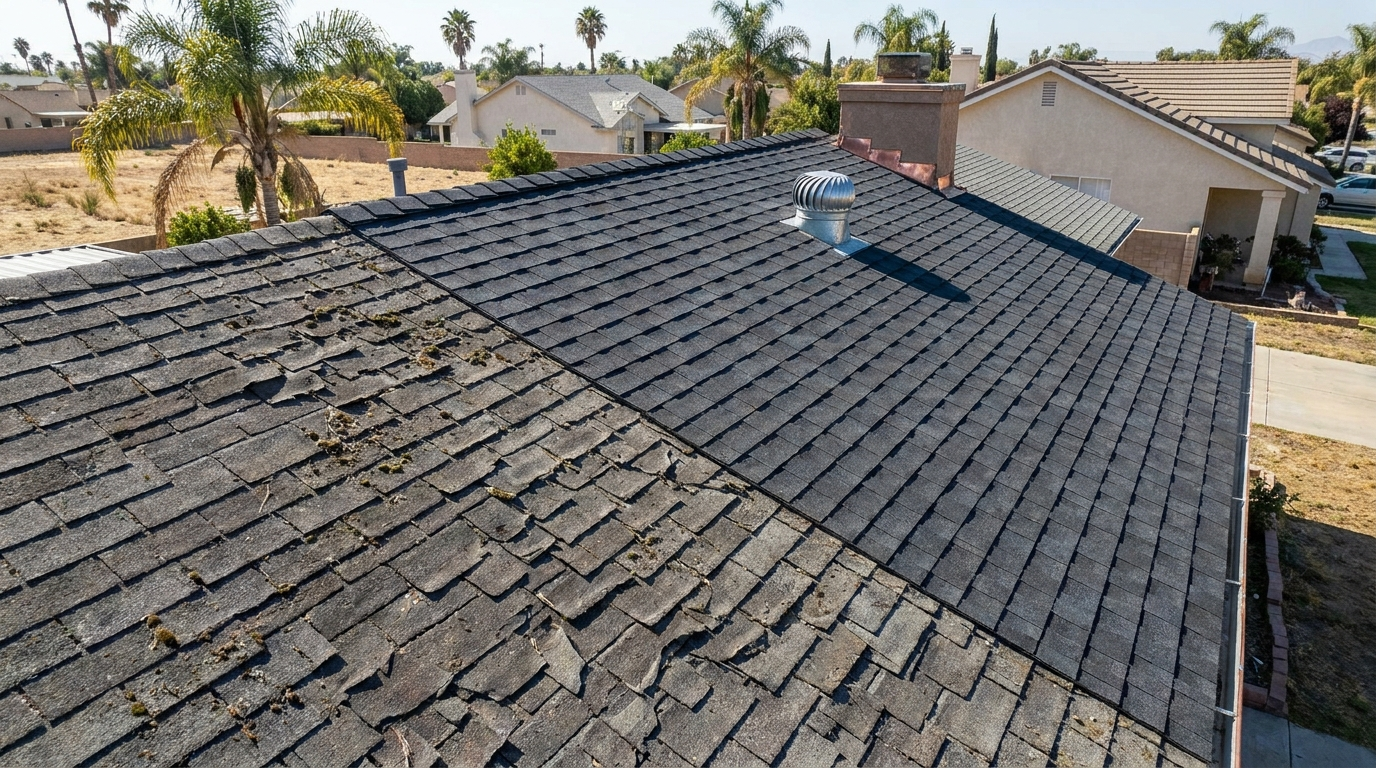 Asphalt shingle roof section on a suburban Southern California home showing aged and newly replaced areas