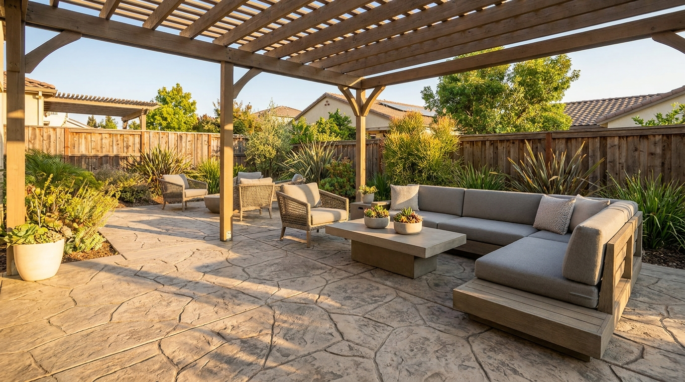 Stamped concrete patio with stone pattern in an Orange County backyard
