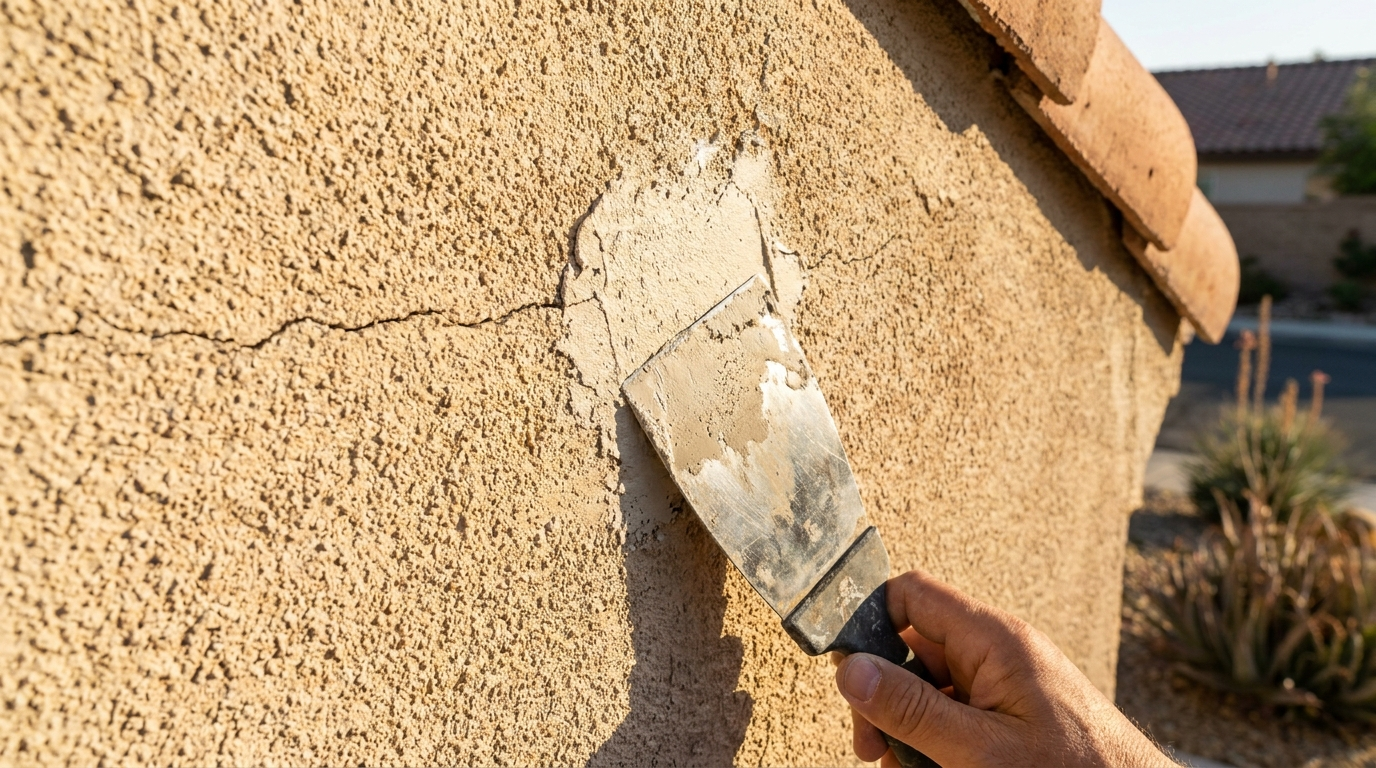 Stucco wall exterior with a hairline crack being patched