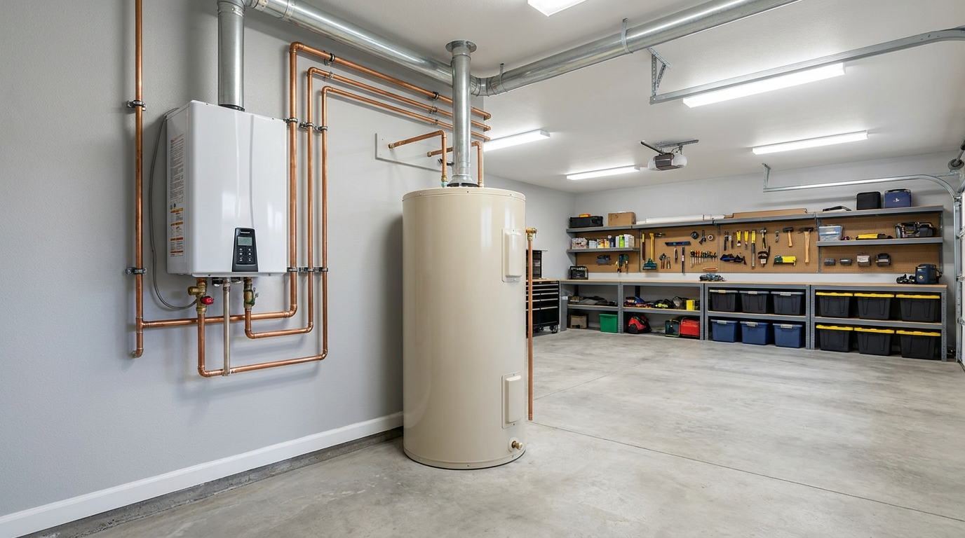 Wall mounted tankless water heater beside a traditional storage tank water heater in a residential garage