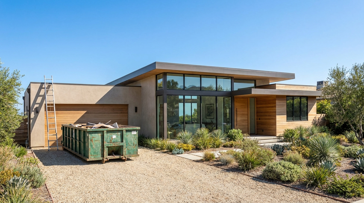 Home remodel construction site exterior with a dumpster and ladder in California
