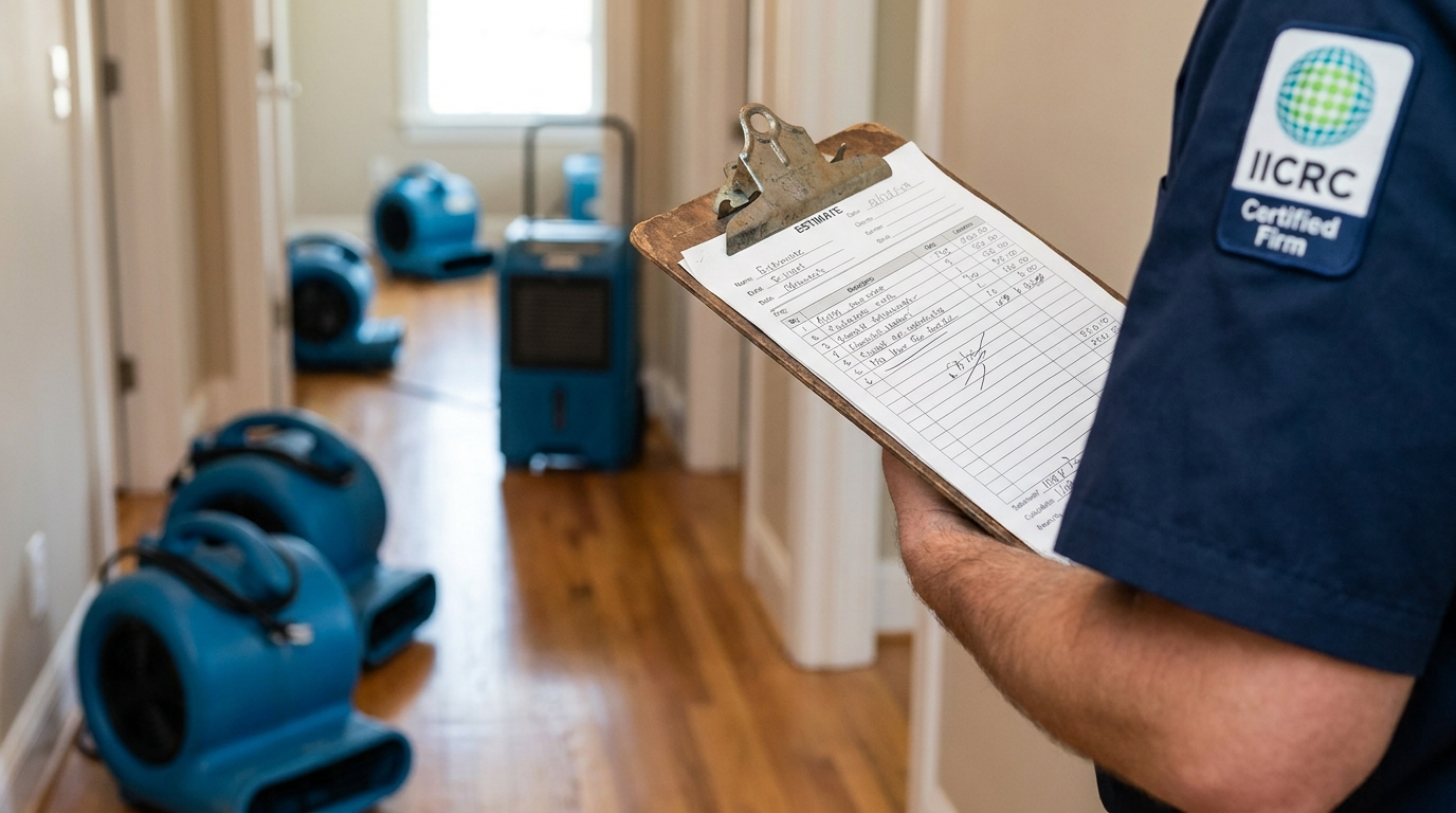 Restoration technician's written estimate with air movers drying a hallway floor in the background