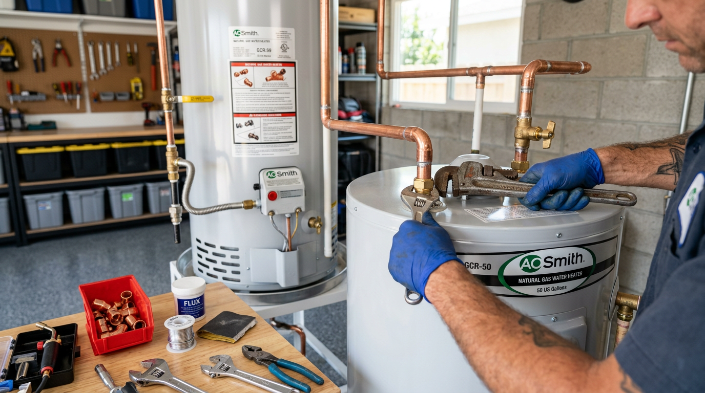 Plumber connecting copper fittings on a new tank-style water heater in a garage